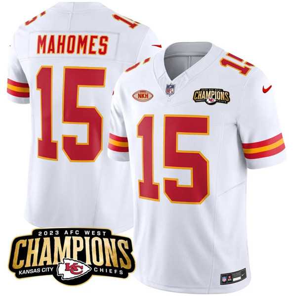 Men & Women & Youth Kansas City Chiefs #15 Patrick Mahomes White 2023 F.U.S.E. AFC West Champions With NKH Patch Vapor Untouchable Limited Jersey